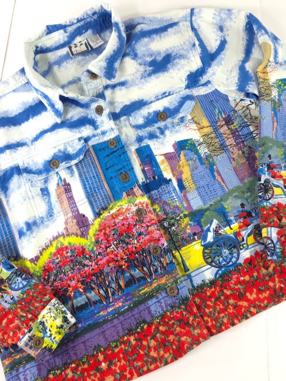 TAKE TWO Colorful Cityscape Denim Jacket WOMENS SIZE LARGE W/POCKETS 100% COTTON
